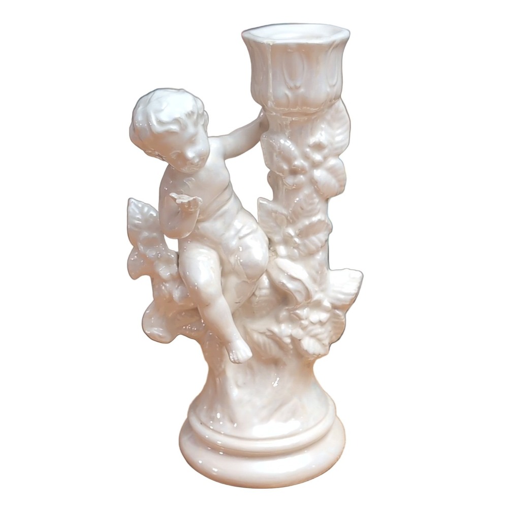 Holland Mold Cherub Candlestick Holder 10.5" White Iridescent Ceramic Hand
